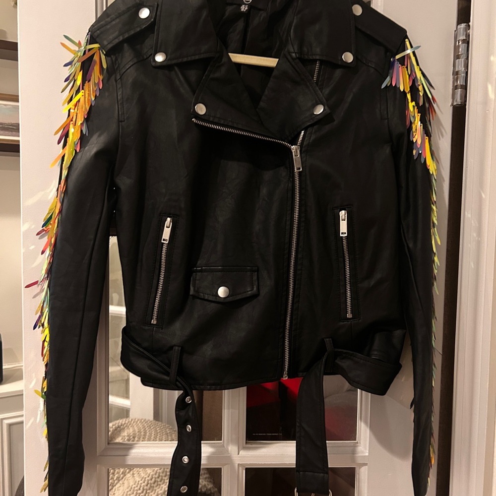 Black Faux-Leather Jacket with Colorful Sequin Fringe Missguided Size US 8